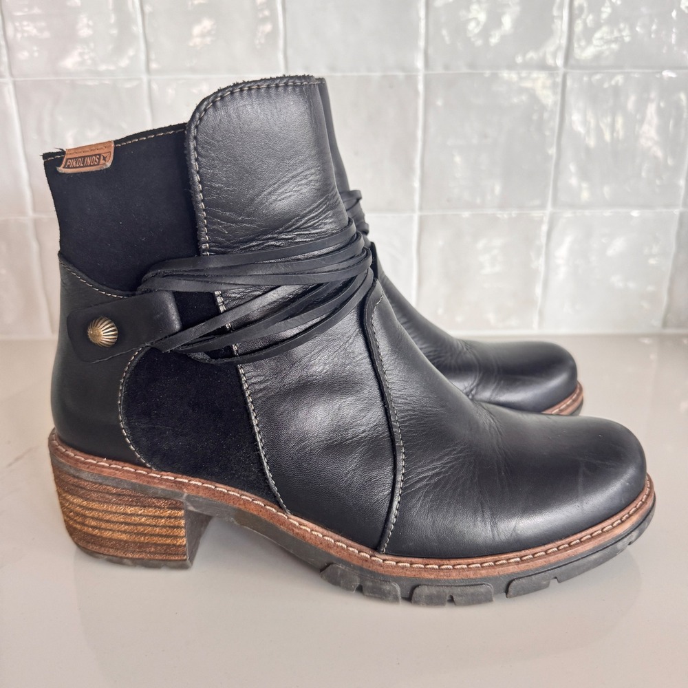Pikolinos San Sebastian Ankle Boots Women 37 Black Leather Suede Wrap Detail - Picture 3 of 8